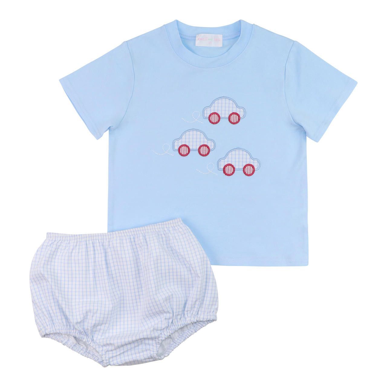 Blue Gingham Cars Diaper Set