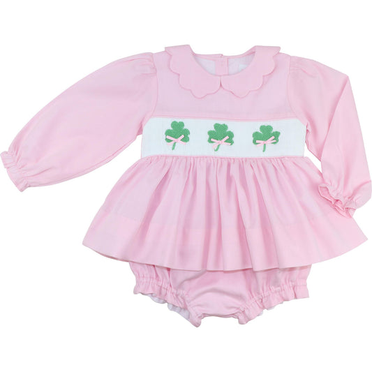 Pink Pique Smocked Shamrock Diaper Set