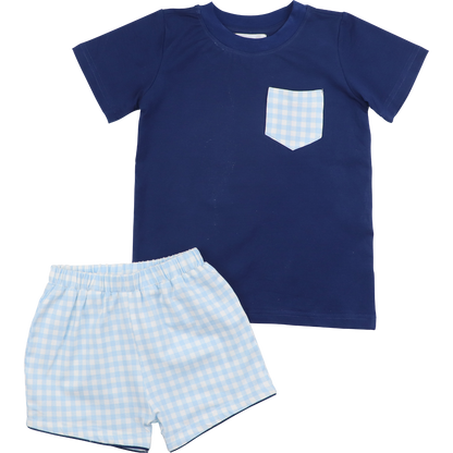 Navy And Blue Checked Knit Short Set