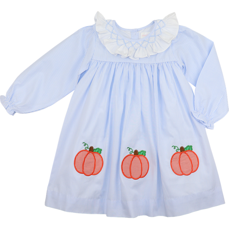 Blue Stripe Smocked Applique Pumpkin Dress