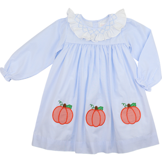 Blue Stripe Smocked Applique Pumpkin Dress