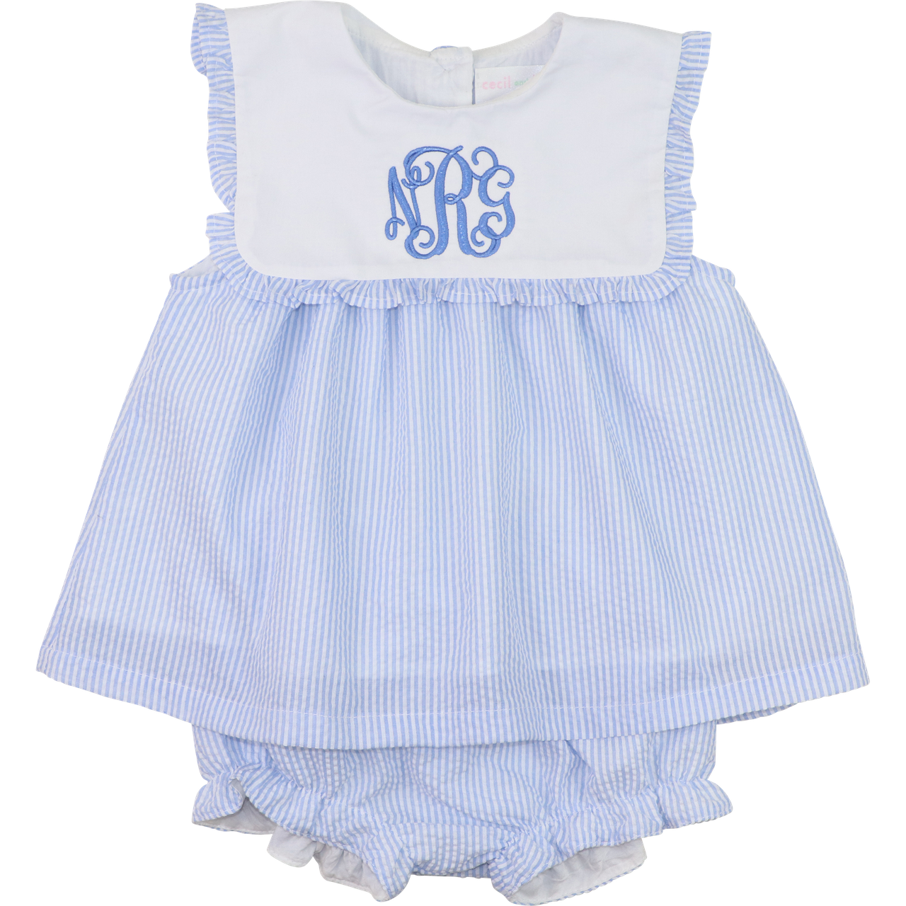 Blue Seersucker Square Collar Diaper Set