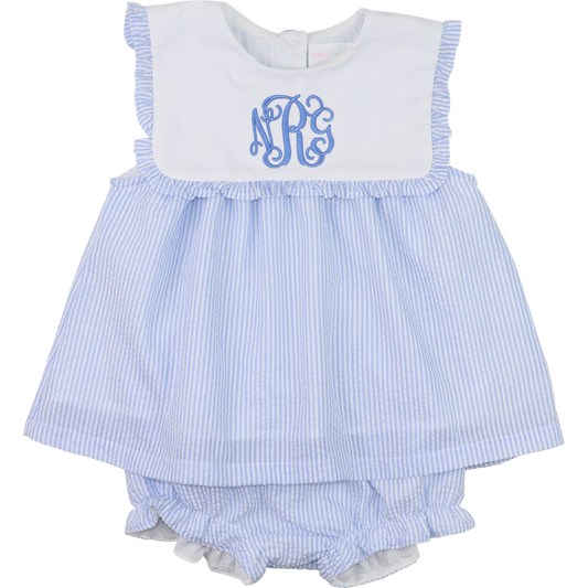 Blue Seersucker Square Collar Diaper Set