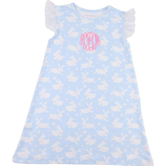 Blue Knit Bunny Print Eyelet Dress