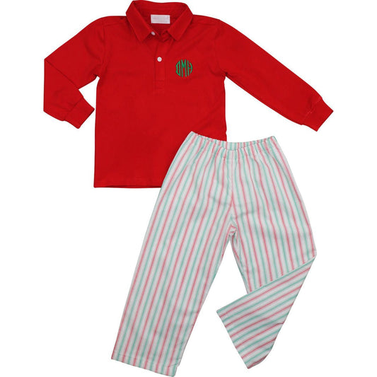 Red And Green Striped Polo Pant Set