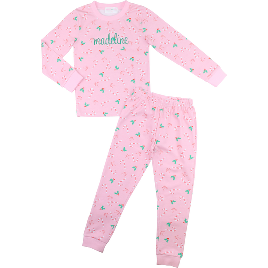 Pink And Green Knit Holly And Candy Cane Pajamas