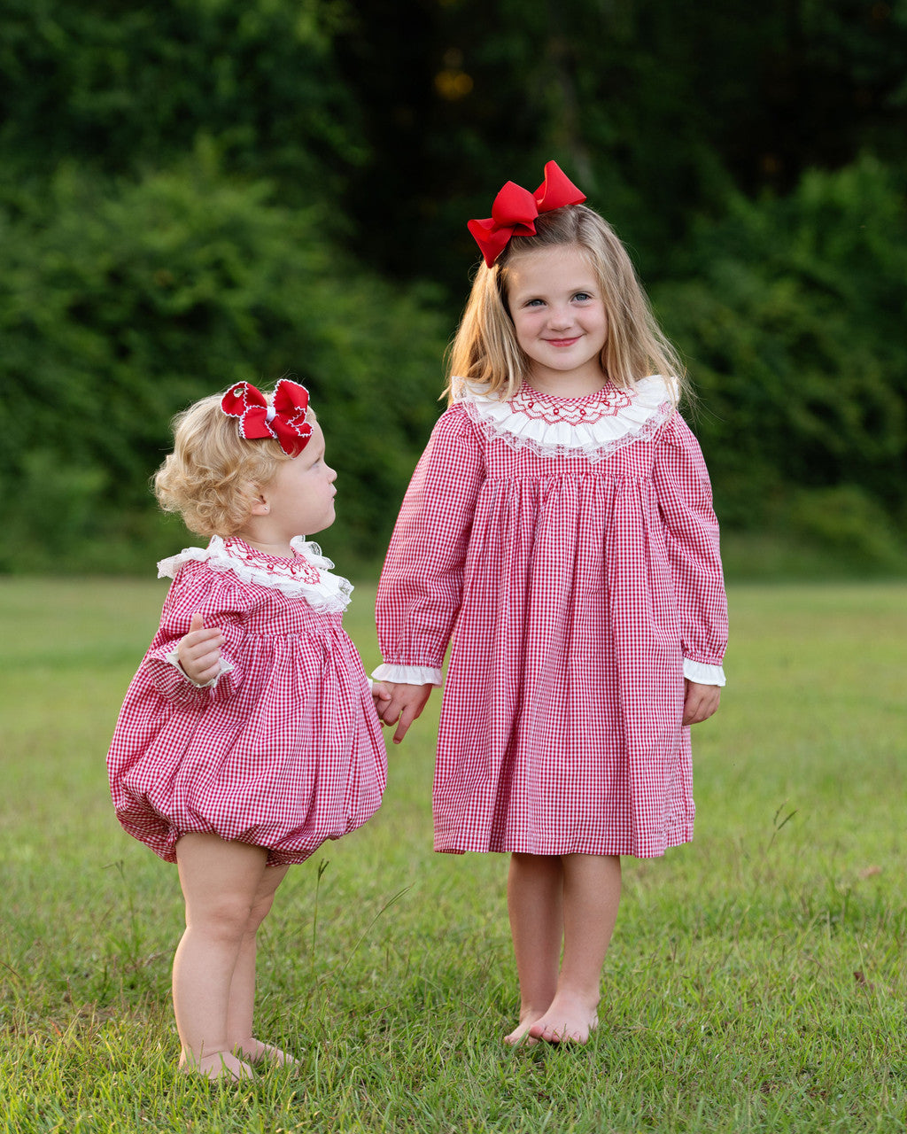 Red Gingham Smocked Ruffle Collar Dress