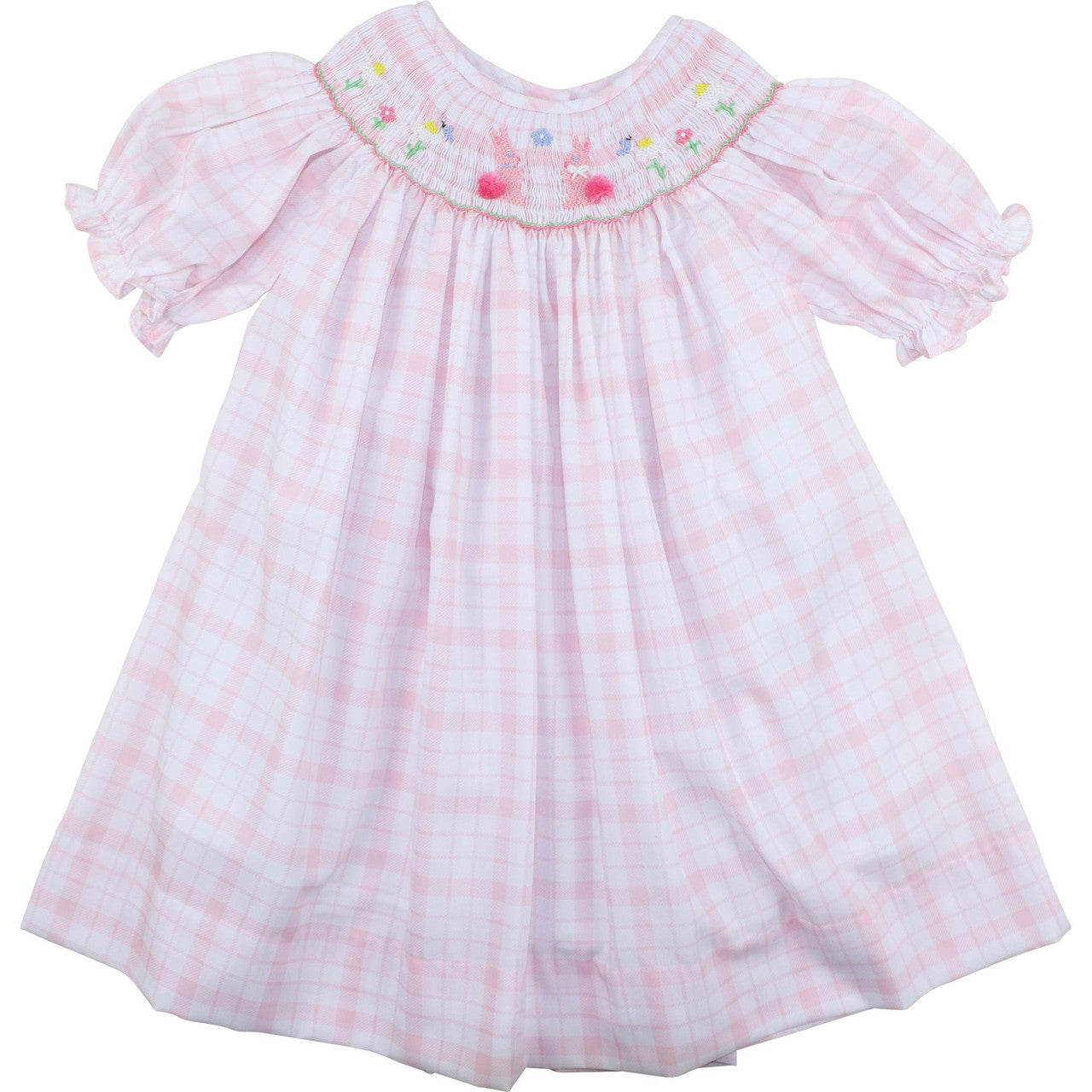 Pink Plaid Smocked Bunny And Flower Dress