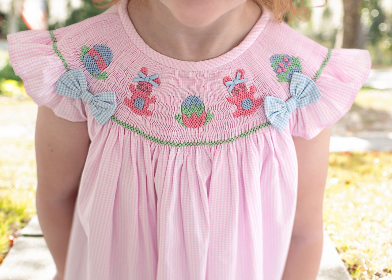 Pink Gingham Smocked Bunny And Egg Dress