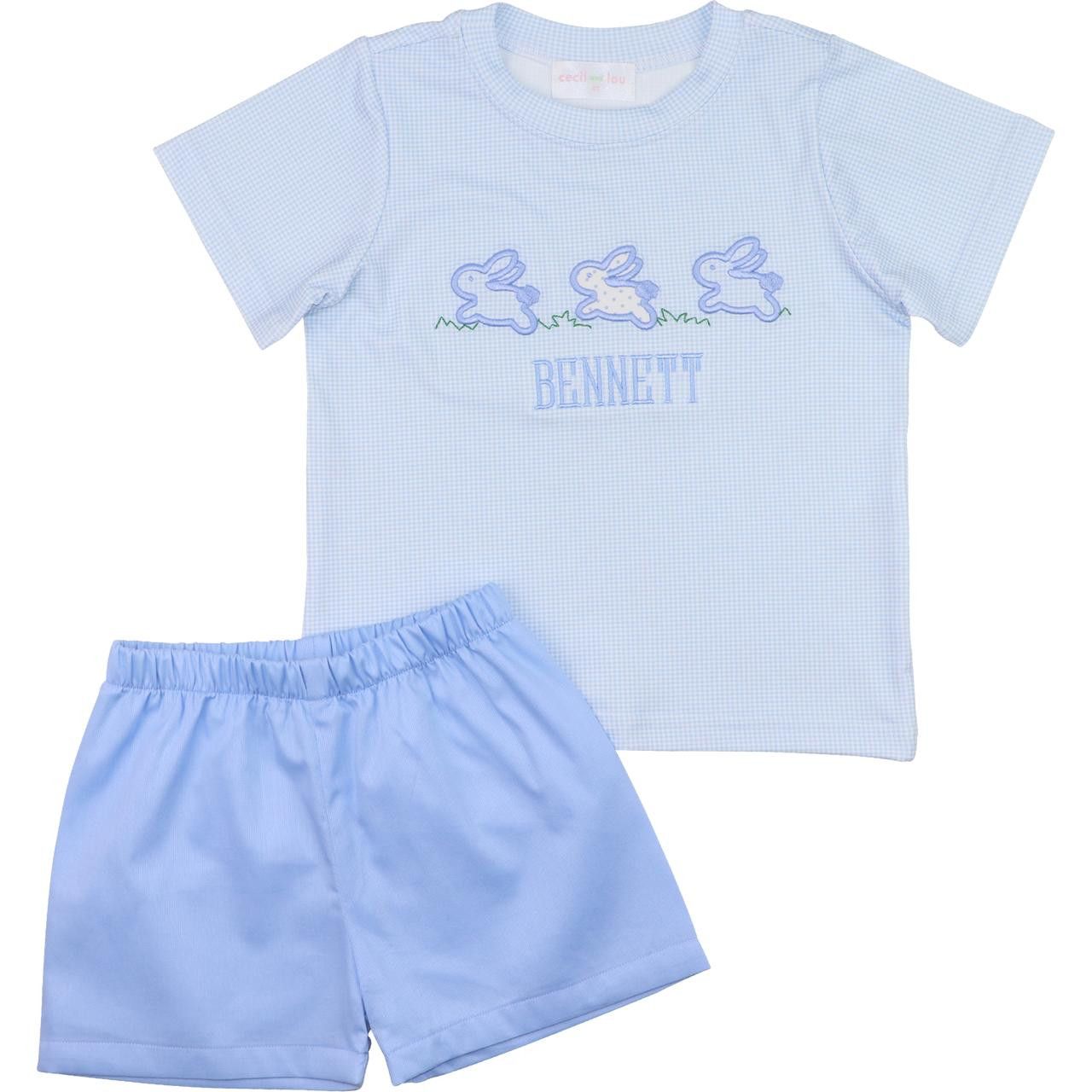 Blue Gingham Applique Bunnies Short Set