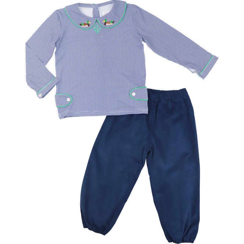 Navy Gingham Embroidered Mallard Corduroy Pant Set