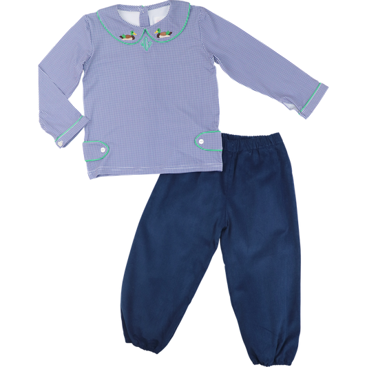 Navy Gingham Embroidered Mallard Corduroy Pant Set