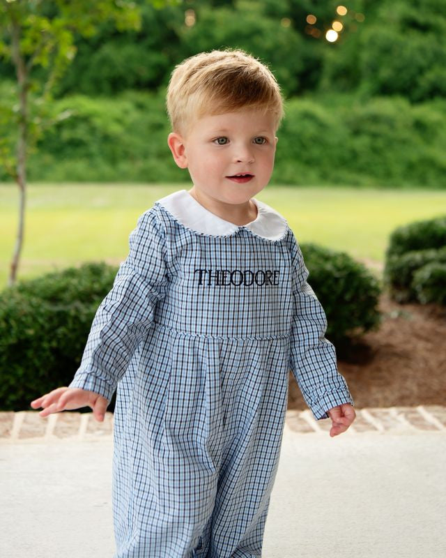 Navy And Blue Windowpane Long Romper