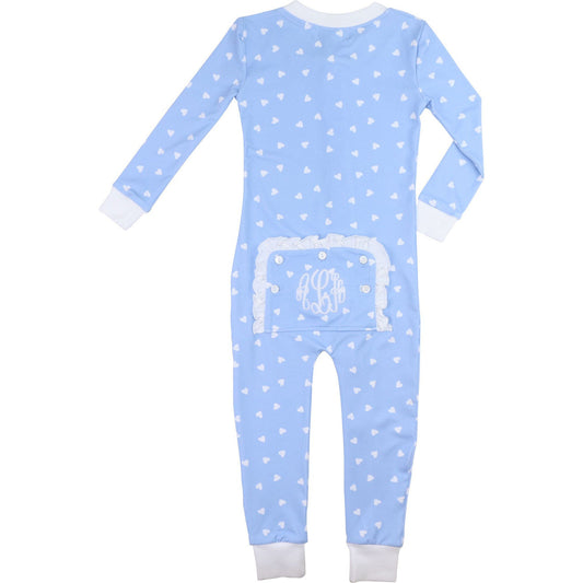 Blue And White Heart Print Knit Zipper Pajamas