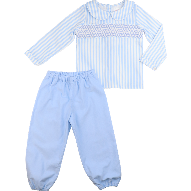 Blue Smocked Striped Corduroy Pant Set