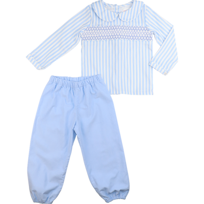 Blue Smocked Striped Corduroy Pant Set