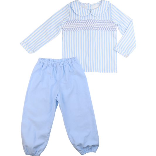 Blue Smocked Striped Corduroy Pant Set