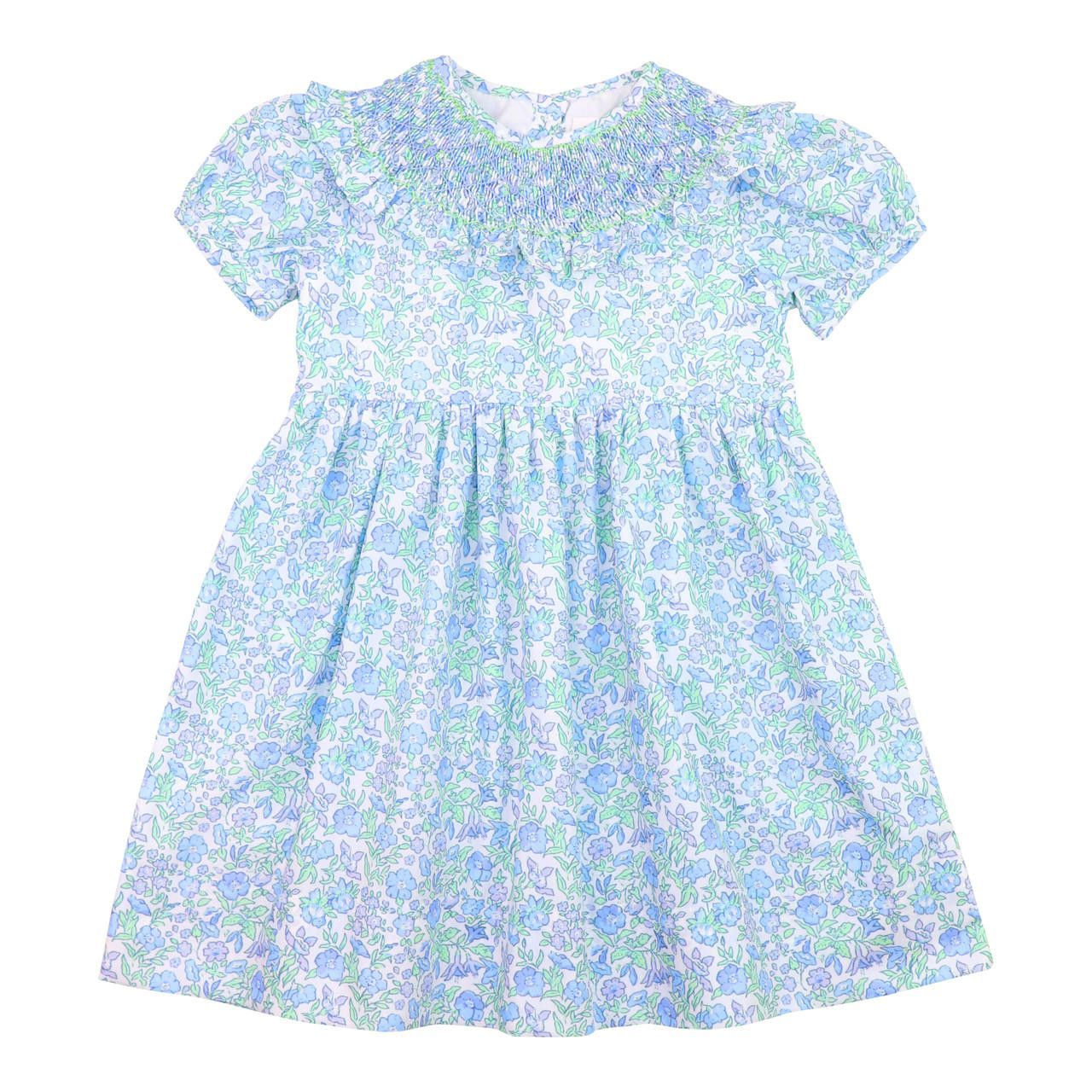 Blue And Green Floral Smocked Dress