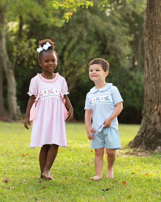 Blue Knit Stripe Smocked Bunny And Carrot Short Set