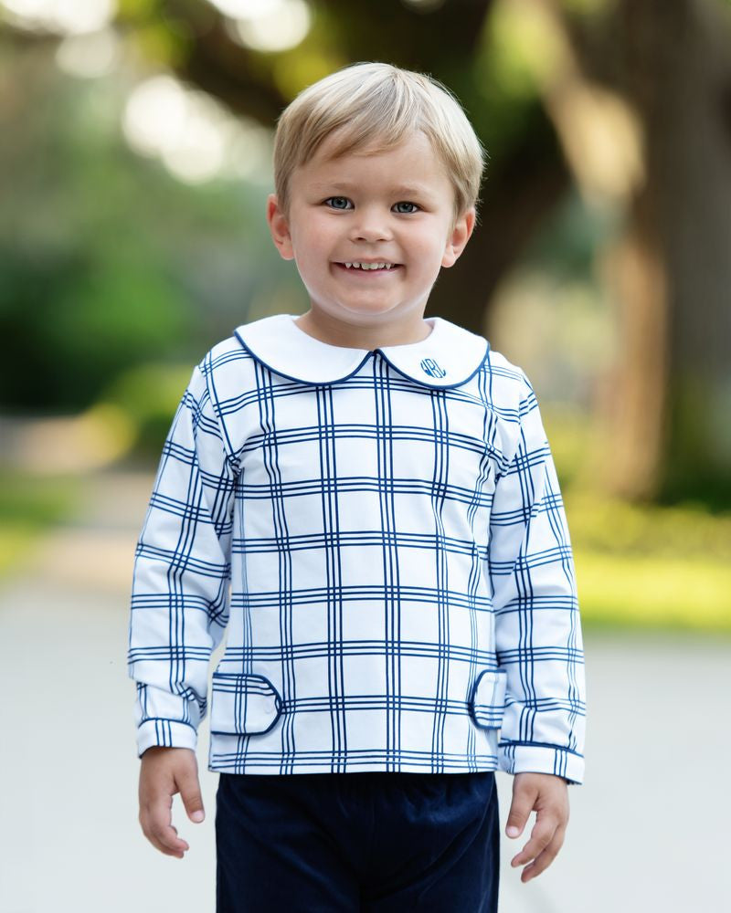 Navy And White Windowpane Plaid And Corduroy Ankle Pant Set