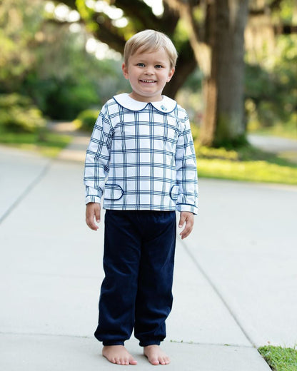 Navy And White Windowpane Plaid And Corduroy Ankle Pant Set