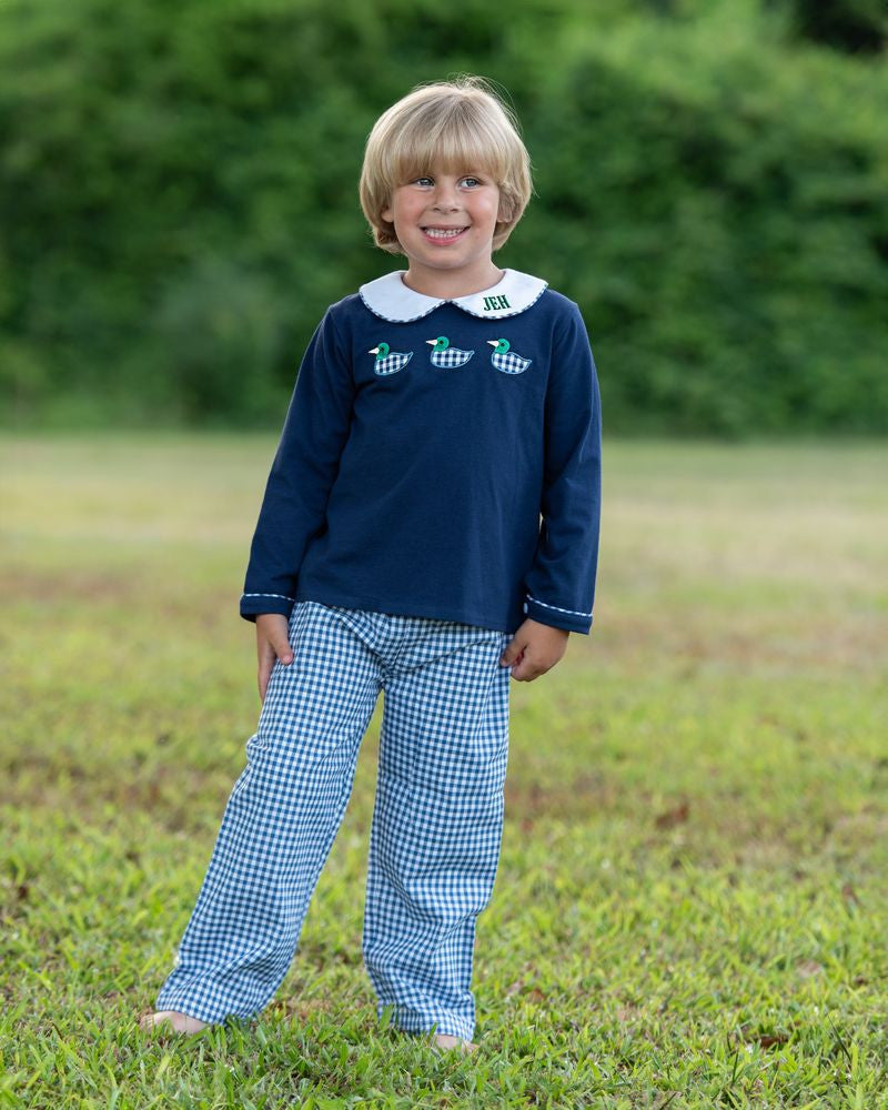 Navy Gingham Applique Mallard Pant Set