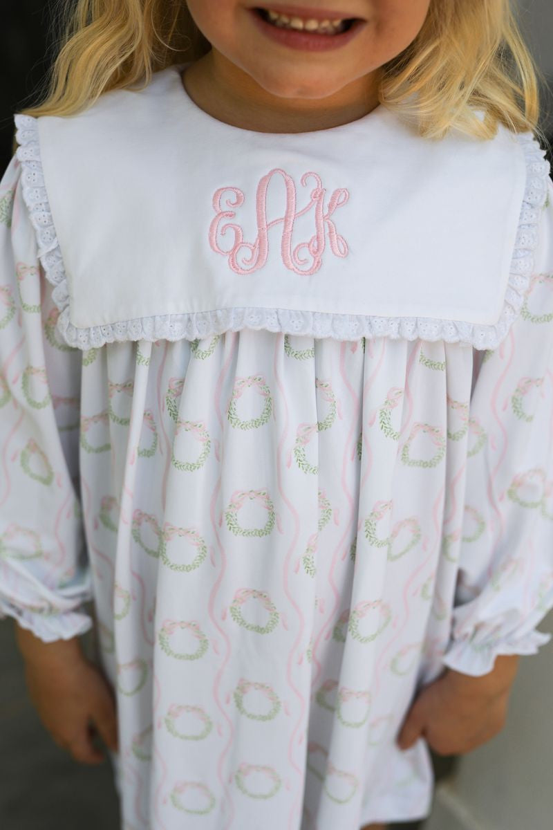 Pink And Green Wreath And Ribbon Eyelet Dress