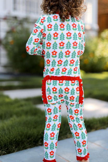 Red And Green Floral Block Print Holiday Knit Zipper Pajamas