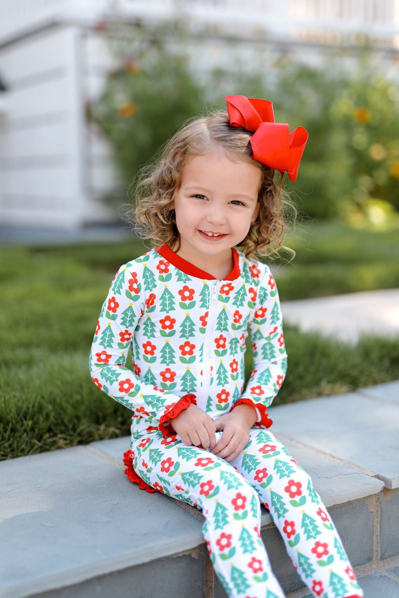 Red And Green Floral Block Print Holiday Knit Zipper Pajamas