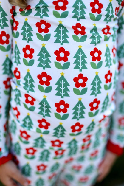 Red And Green Floral Block Print Holiday Knit  Pajamas