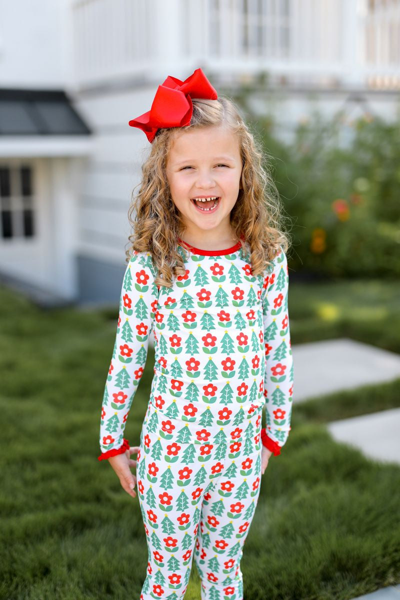 Red And Green Floral Block Print Holiday Knit  Pajamas