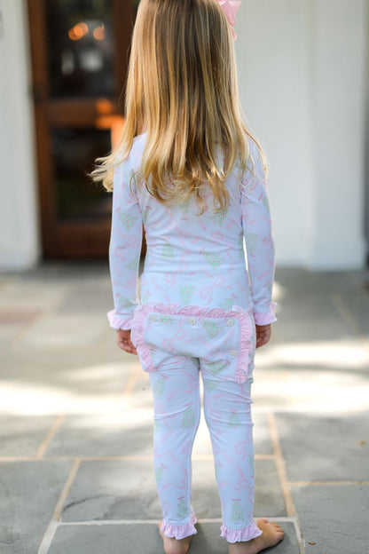 Pink And Green Christmas Tree And Bow Knit Zipper Pajamas