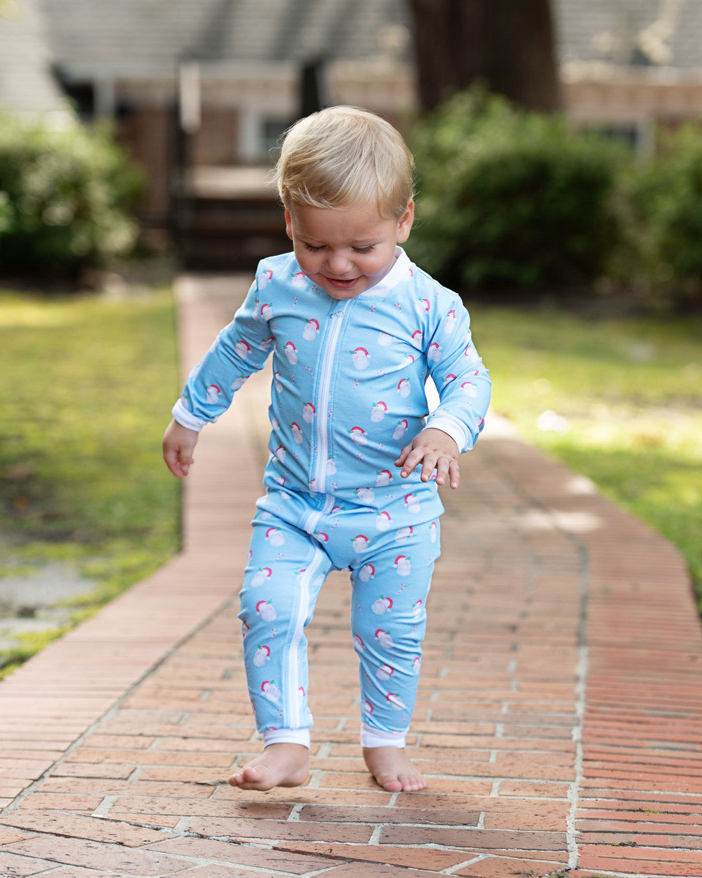 Blue And Red Knit Santa And Candy Cane Zipper Pajamas