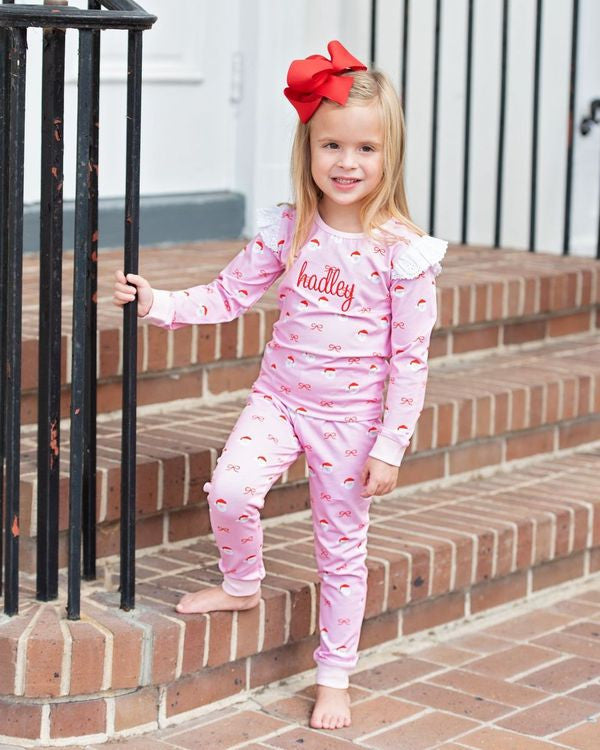 Pink Knit Santa And Bow Eyelet Pajamas