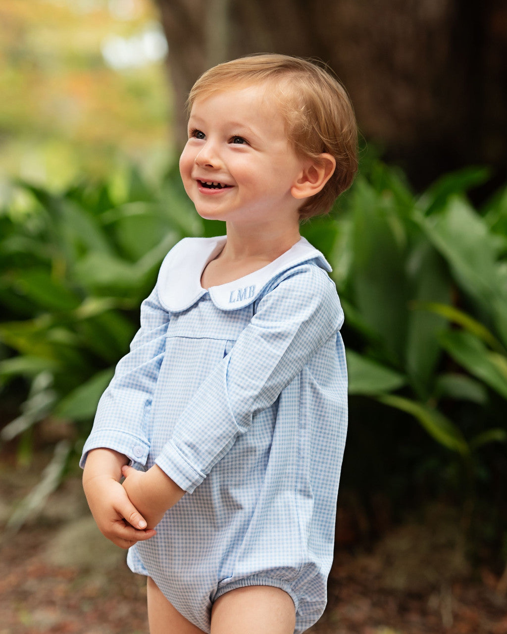 Blue Gingham Knit Long Sleeve Bubble