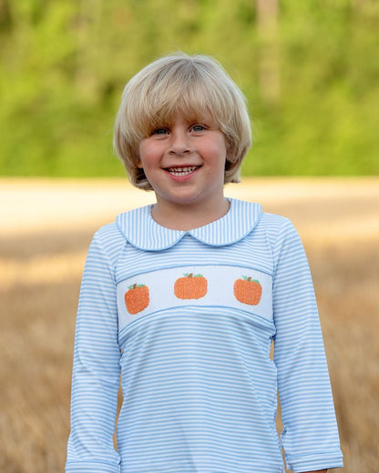 Blue Knit Stripe Smocked Pumpkin Pant Set