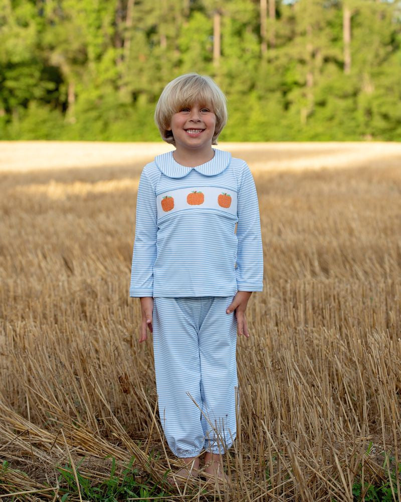 Blue Knit Stripe Smocked Pumpkin Pant Set