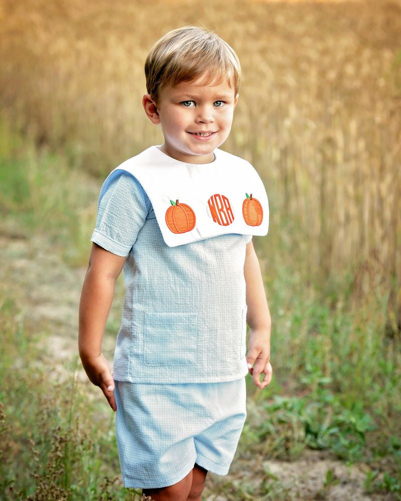 Blue Windowpane Applique Pumpkin Short Set