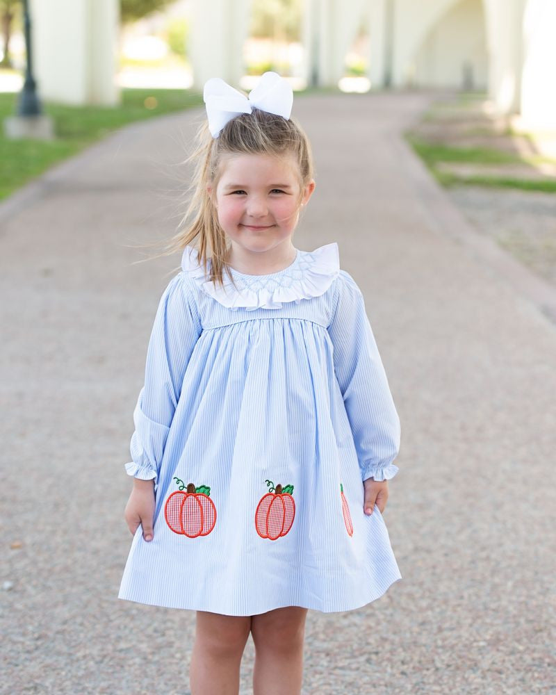 Blue Stripe Smocked Applique Pumpkin Dress