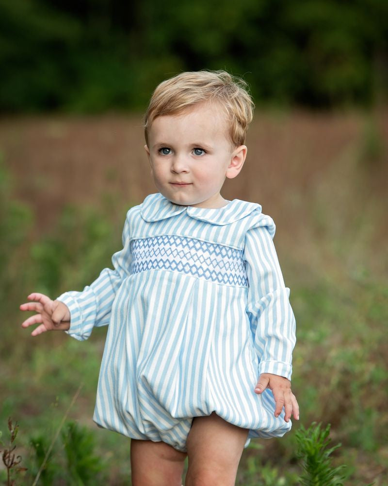 Blue Smocked Striped Corduroy Bubble