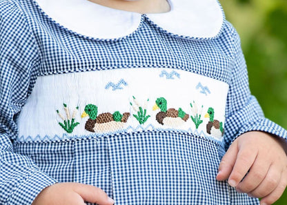 Navy Gingham Smocked Mallards Bubble