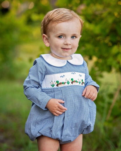 Navy Gingham Smocked Mallards Bubble