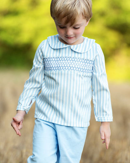 Blue Smocked Striped Corduroy Pant Set