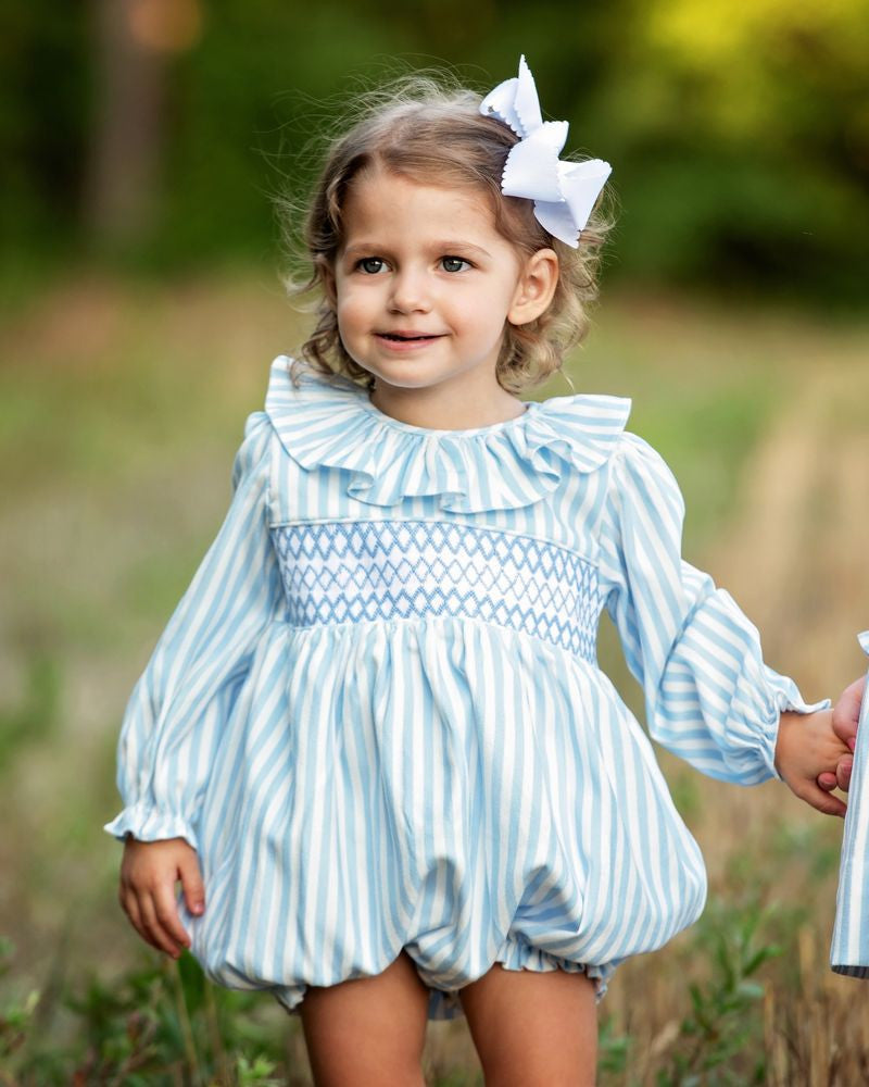 Blue Smocked Striped Corduroy Ruffle Bubble