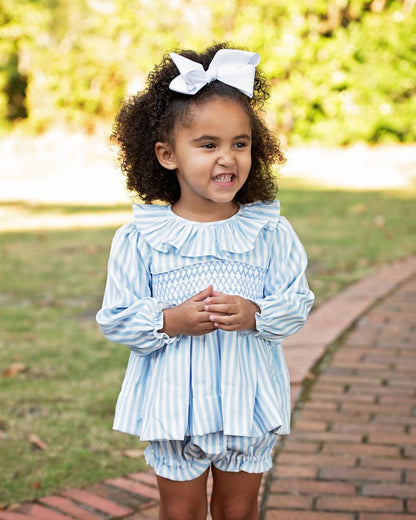 Blue Smocked Striped Corduroy Diaper Set