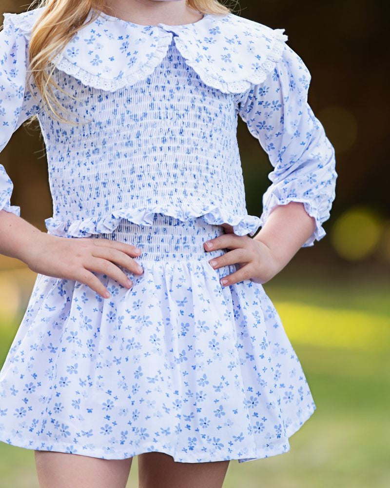 White And Blue Petite Floral Smocked Eyelet Skirt Set