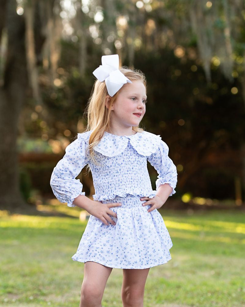 White And Blue Petite Floral Smocked Eyelet Skirt Set