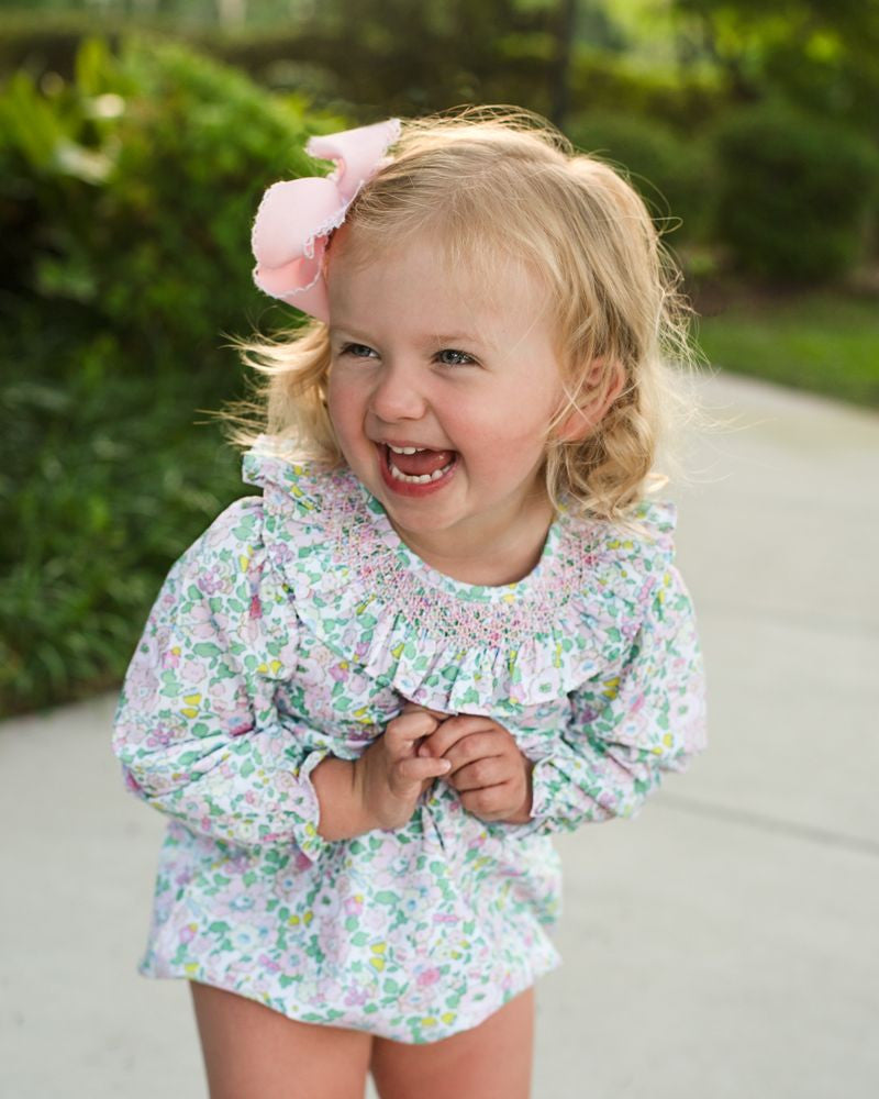 Green And Pink Floral Smocked Bubble