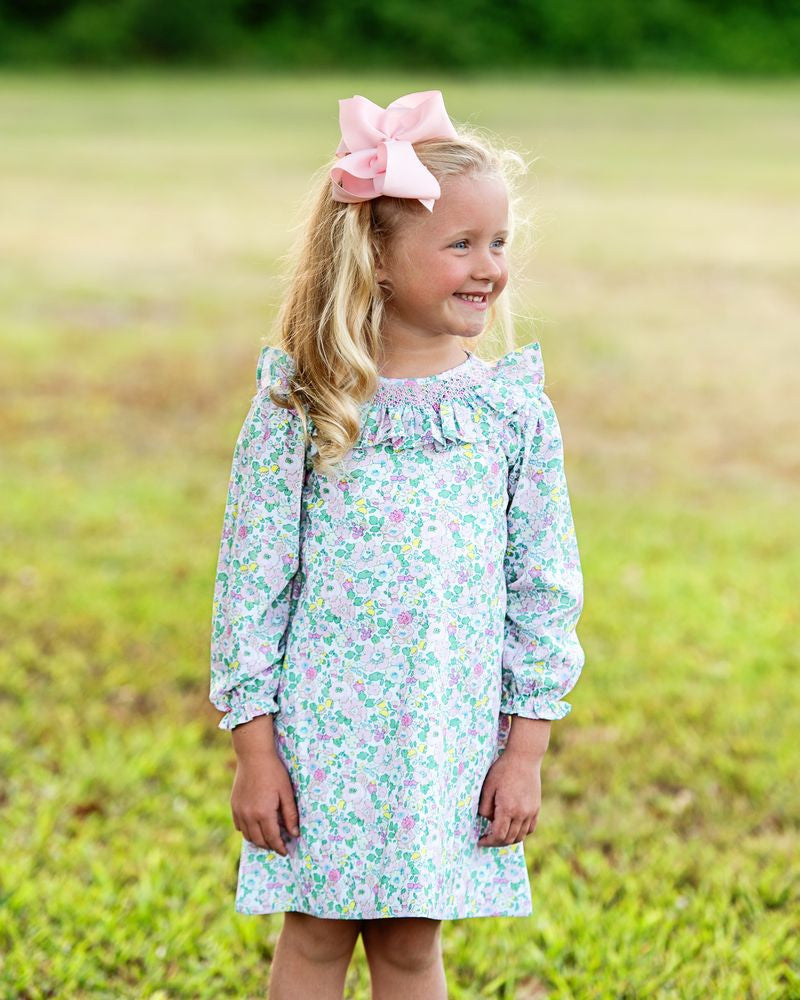 Green And Pink Floral Smocked Dress