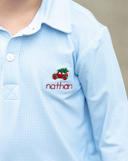 Blue Knit Gingham Embroidered Car And Tree Polo Shirt